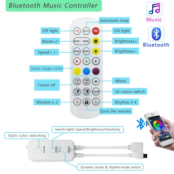 Nova Música de Bluetooth, Luzes de Tira conduzidas 20M RGB 5050 SMD, Fita Flexível Impermeável RGB CONDUZIU a Luz 10M 15M de Fita de Diodo Adaptador DC 12V
