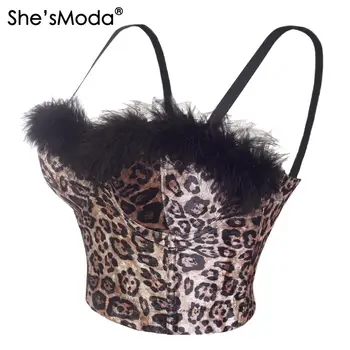 Ela'sModa Leopard Veludo Pena das Mulheres Sutiã Natal Bustier Diamantes Noite de Festa do Clube Cropped Top Veste Plus Size