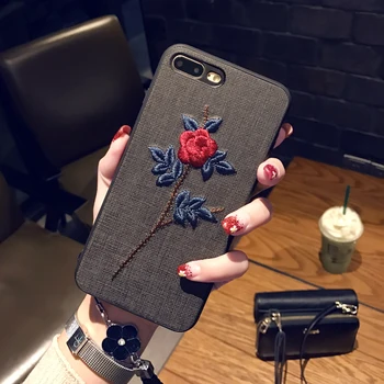 Livre Cordão Bordado 3D Flor de Rosa Telefone de Caso Para o iPhone 7 8 6 6 Plus Pano de Textura Capa Para iPhone X XS MAX XR