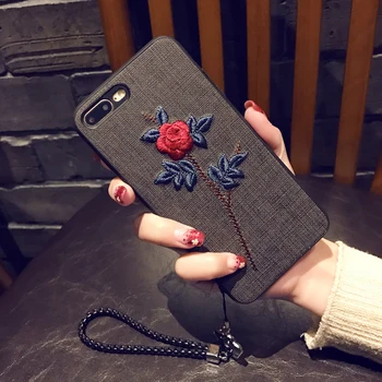 Livre Cordão Bordado 3D Flor de Rosa Telefone de Caso Para o iPhone 7 8 6 6 Plus Pano de Textura Capa Para iPhone X XS MAX XR
