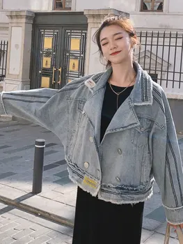 Jaqueta jeans feminina curta seção nova de outono roupas versão coreana da escola temporada solta aluno selvagem net jaqueta vermelha topo