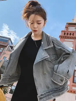 Jaqueta jeans feminina curta seção nova de outono roupas versão coreana da escola temporada solta aluno selvagem net jaqueta vermelha topo