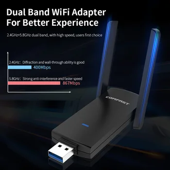 USB Adaptador Wifi 1300Mbps RTL8812BU a Faixa Dupla para o PC Preto Ethernet wi-Fi Dongle Externo Antena Wi Fi do Receptor Placa de Rede