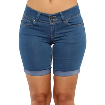 As Mulheres Do Vintage Meados De Cintura Azul Jeans, Shorts Senhoras Elegantes Casual Stretch Denim Shorts Plus Size Preto Azul Escuro Azul Da Cor