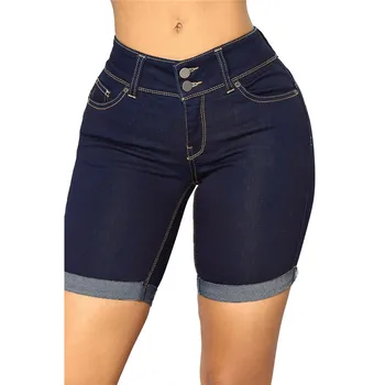 As Mulheres Do Vintage Meados De Cintura Azul Jeans, Shorts Senhoras Elegantes Casual Stretch Denim Shorts Plus Size Preto Azul Escuro Azul Da Cor