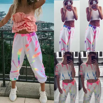 Mulheres De Calças Compridas Hip Hop Calça Para Mulheres De Impressão Colorida Calças Compridas Senhora De Cintura Alta Calças De Harém Branco Casual Hippie Calças