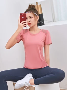 De fato, desporto t-shirt feminina de seção fina de secagem rápida execução de manga curta yoga camisa Slim era fino líquido vermelho de roupas de fitness