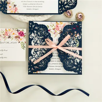 (50 peças/lote) de Flores de Corte a Laser Azul Marinho Convite de Casamento o Cartão Personalizado de Impressão Quinceanera Convites Com RSVP IC146