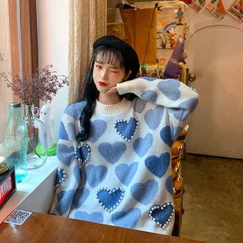 Suéteres femininos Japonesas Kawaii Ulzzang Bonito Vintage Amor Doce Pérola Suéter Feminino coreano Harajuku Roupas Para Mulheres