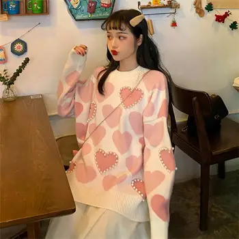 Suéteres femininos Japonesas Kawaii Ulzzang Bonito Vintage Amor Doce Pérola Suéter Feminino coreano Harajuku Roupas Para Mulheres