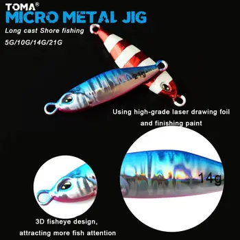 TOMA Mini Micro Chumbo metálico Gabarito 5g 10g 14g 21 g de Pesca da Costa Longo Elenco luminosa Jigging Atrair Colher de água do mar Isca Enfrentar