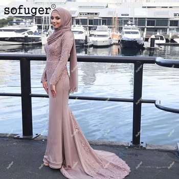 Rosa Escuro Muçulmano Vestidos De Noite De Cetim Apliques De Mangas Compridas Com Lenço Islâmico Dubai, Arábia Árabe Longo De Baile Vestido De Noite