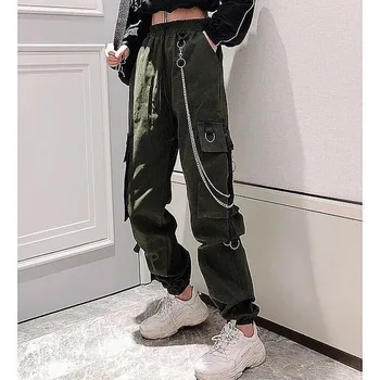 O coreano cintura alta carga calças mulheres streetwear mulheres do hip hop no estilo Kocasual sólido calças de estudantes de par solto mulheres cavallari
