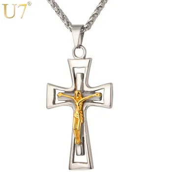U7 Crucifixo Cruz, Jesus Colar Para Homens/Mulheres Presentes De Natal Transversal De Aço Inoxidável, Pingentes Religiosos Cristãos Jóias P531