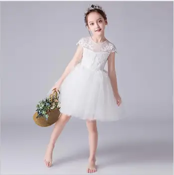 Elegante Branco Tule Do Vestido Da Menina De Flor Para Casamentos, Batismo De Bebê Festa Concurso De Princesa Vestido De Manga Curta, Primeira Comunhão Vestidos