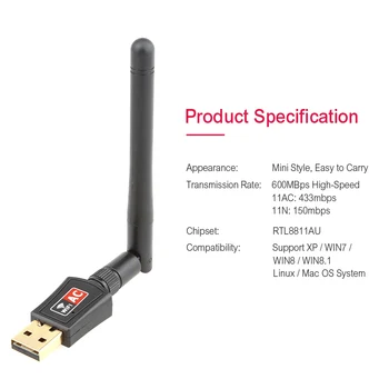600Mbps USB2.0 Adaptador de wi-Fi Realtek RTL88CU 2,4 G&5G Ethernet Lan Wifi Dongle AC wi-Fi do Receptor Networl Cartão Com Giratório Antenn