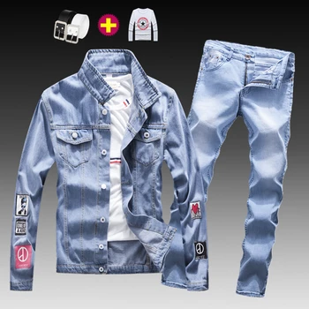 Moda Mens Lavado Jaqueta Jeans Calças Jeans 2pcs Conjunto de Apliques de Manga comprida Casaco Casual Slim Fit Meninos de Roupas S-XXXL Outono E21