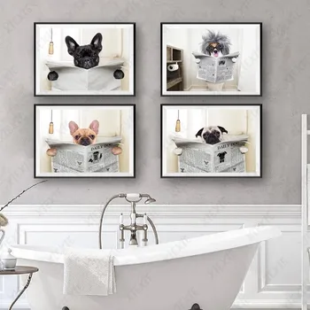 Cães De Leitura De Jornais Tela De Pintura Wc Divertir Usando Óculos De Cartazes De Parede De Imagem Art De Decoração Casa De Banho