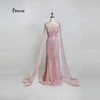 Finove Vestidos de Noite 2020 Novas Champanhe Ilusão de Tule Beading Elegante Sereia Vestido de Festa Formal Vestidos para a Mulher Plus Size
