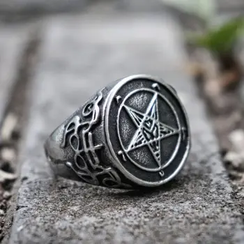 Único Gótico Invertida Pentagrama Satânico Anel De Caveira Mens Satanás, Demônio De Aço Inoxidável Motociclista Anéis De Baphomet Jóias