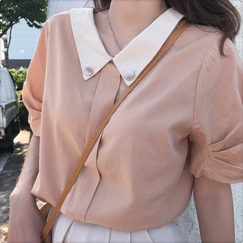 MiShow 2019 verão vintage shirt para as mulheres a moda causal de abertura gola manga curta sweety blusa tops MX19B4946