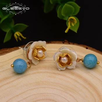 GLSEEVO Prata Natural de Pedra Azul Brincos de Pérola de água Doce Para as Mulheres Flor Branca Brincos Artesanais JewelryGE0003