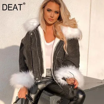 DEAT outono e inverno turno-para baixo de gola de pele mangas de retalhos de jeans zíperes casaco parka feminino roupas quentes WO24901L