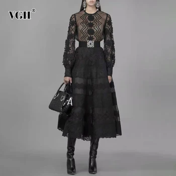 VGH Patchwork de Rendas Vestido Bordado Para as Mulheres, O Pescoço Longo da Luva Temperamento Folhas Vestidos de Preto da Moda Feminina Roupas 2020