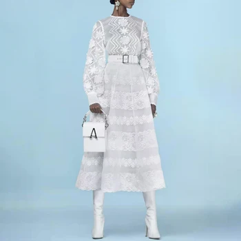 VGH Patchwork de Rendas Vestido Bordado Para as Mulheres, O Pescoço Longo da Luva Temperamento Folhas Vestidos de Preto da Moda Feminina Roupas 2020