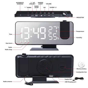 Mrosaa Digital do DIODO emissor de despertar Relógio Despertador, Relógio de Mesa Eletrônica Relógios USB de Despertar, Rádio FM Vez Projetor Função Soneca 3 Cores