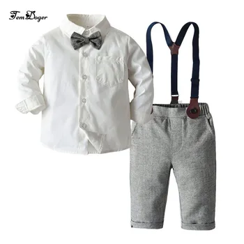 Tem doger menino conjuntos de vestuário 2019 outono de crianças de roupa de meninos de camisa branca+macacão 2pcs roupas da moda, roupas para crianças 1-6Y