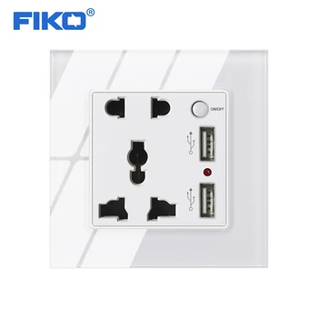 FIKO 13A Universal socke com USB Duplo e switch de 5 pinos mult-função socket , 86mm*86mm de Vidro Temperado Painel de família
