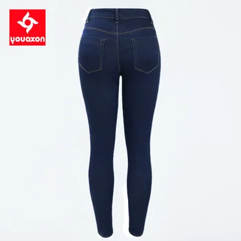 1883 Youaxon Mulheres Única Joelho Rasgado Azul Escuro de Cintura Alta Skinny Jeans Jean Calças Jeans Para Mulheres