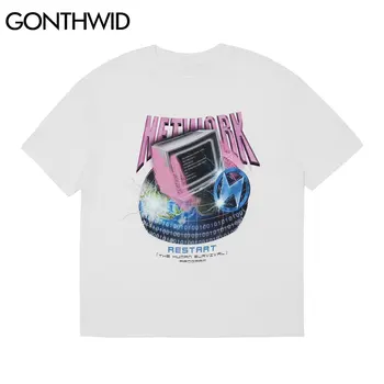 GONTHWID Tees Tops de Punk Rock Gótico Harajuku Hip Hop Homens Relâmpago Terra TV Impressão de Streetwear Algodão Casual Manga Curta T-Shirts