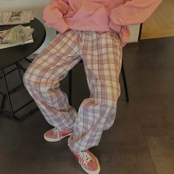 Vintage cor-de-Rosa Xadrez, Calças de Cintura Elástica Plus Size, Roupas para Mulheres Casuais Solta a Perna Larga Calças de Bolsos Harajuku coreano Roupas