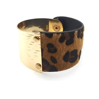2020 Moda Leopard Punk Pulseiras Para Mulheres Boho Cor De Ouro Botão Vintage Bracelete De Couro De Natal Punk Jóias