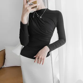2020 Novas Outono Mulheres de Camisola Leve e Luxuoso Armar Mostrar Fino Pequenas Camisa Plissada Longa Manga Inferior Camisola de Malha
