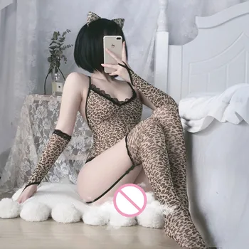 Sexy Lingerie Erótica estampa de Leopardo Gato Selvagem Lésbicas Traje Definido Noite Club Cabeça Roleplay Uniforme Cosplay Brinquedo do Sexo para Mulher