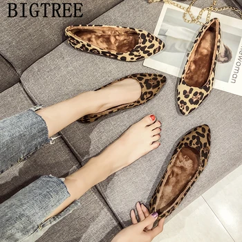 Leopard Sapatos Coreano Calçado Pontiagudo Dedo Do Pé Apartamentos De Tamanho Grande Womens Sapatos De Conforto Moda Chaussures Femmes Outono Inverno Schuhe Damen