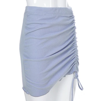 Sweetown 2020 Verão Azul Novo Sólido Ruched Mini Saias Das Mulheres Streetwear Elástico De Cintura Alta Coreano Moda Saia De Boa Qualidade