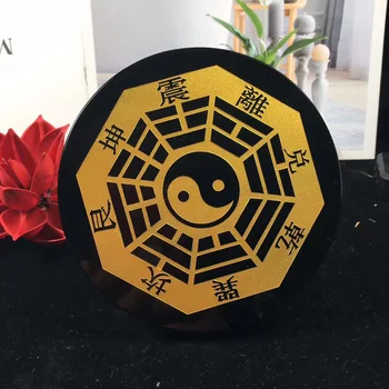 Runyangshi 12cm natural preto obsidian círculo de pedras em disco placa redonda fengshui espelho para decoração de escritório em casa