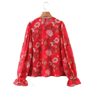 Moda em Cascata Babados Pulôver de Camisas de Flores da Primavera Impressão de Manga Longa O pescoço Blusa Elegante de Senhoras Tops Mulheres XL3379