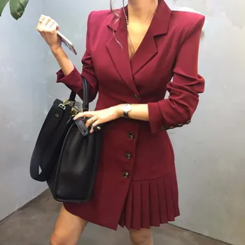 CBAFU preto vermelho vinho primavera, outono sólido senhora do escritório mulheres jaqueta OL longo casaco slim plissado outwear o desgaste do trabalho paletó D379