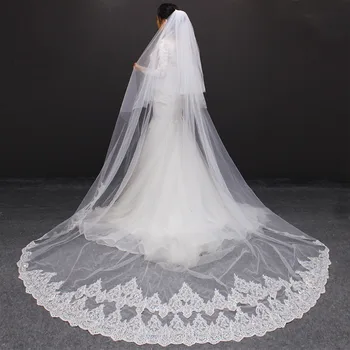 2 Camadas Longo Véu de Noiva de Alta Qualidade Bling Lantejoulas Renda Véu de Noiva, com Pente de 3M Branco Marfim Noiva, Véu de Noiva Acessórios