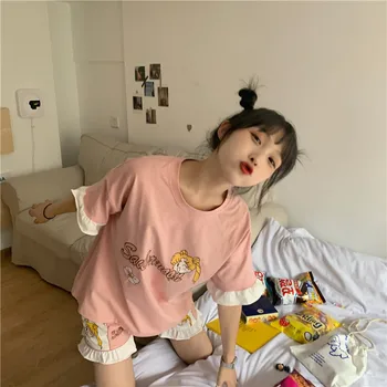 As mulheres do Japão Anime Pijama de desenhos animados Manga Curta T-Shirt, Shorts de Pijamas INS Sailor Moon Luna Impressão de Gato Lolita Meninas Soltas Homewear