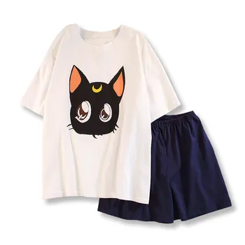 As mulheres do Japão Anime Pijama de desenhos animados Manga Curta T-Shirt, Shorts de Pijamas INS Sailor Moon Luna Impressão de Gato Lolita Meninas Soltas Homewear