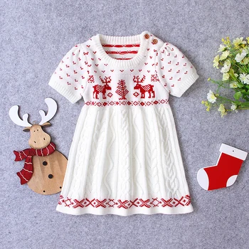 Novo Bebê Vestido de Meninas Natal Branco Little Elk Vestido Floral do Joelho-comprimento Vestido Para a Menina Crianças Vestidos de Bebê Menina Roupas de 1-3 anos de Idade