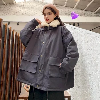 Mulheres de ferramentas acolchoado jaqueta feminina selvagem espessamento de veludo retro solta coreano estudante de algodão casaco de inverno primavera nova tendência tops
