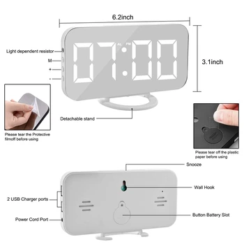 Relógio Despertador Digital,6 Polegadas Grande Ecrã Led Com Dual Usb, Carregador Automático Portas Modo Dimmer Fácil A Função De Repetição, Espelho Moderno De