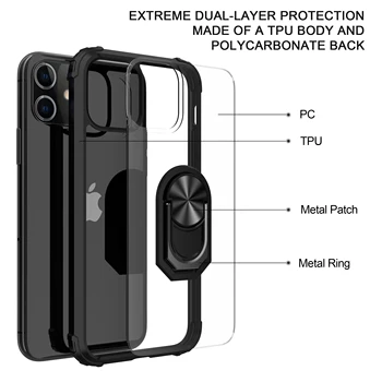 Case Para iPhone 11 12 Pro Max Mini-12 11 XS Max XR 7 8 Plus SE de 2020 Anel de Metal Titular à prova de Choque verniz Acrílico Armadura Tampa